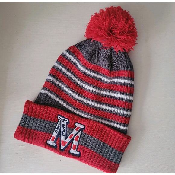 Holloway Red Striped Beanie Pom Pom Cuffed Embroidered "M" Stars America Unisex - Picture 1 of 7